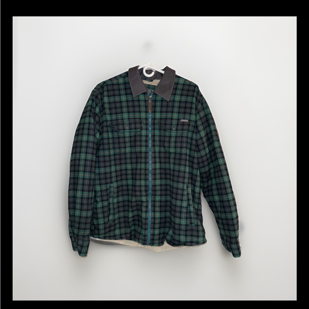 Eddie Bauer Men's Blue and Green Plaid Fleece-Lined Jacket Size Large